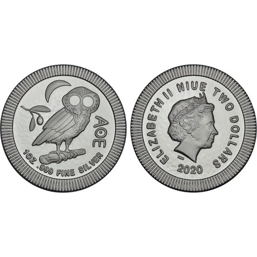 Niue, 2 Dollars 2020, Athenian Owl (1 Oz)