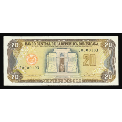 Dominican Republic, 20 Pesos Oro 1990, E 000010 X (low number)