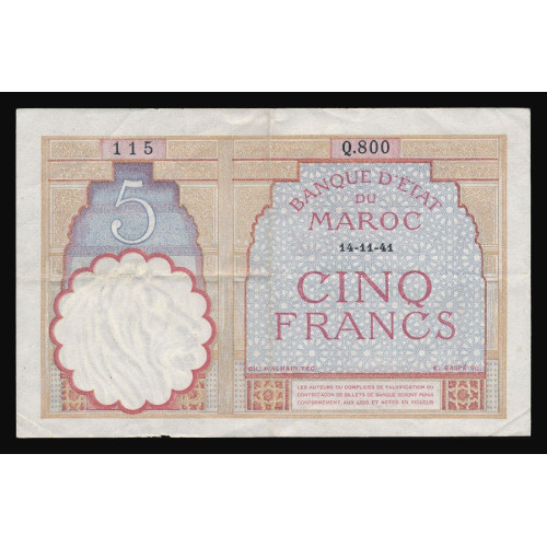 Morocco, 5 Francs 1941, Q800 115