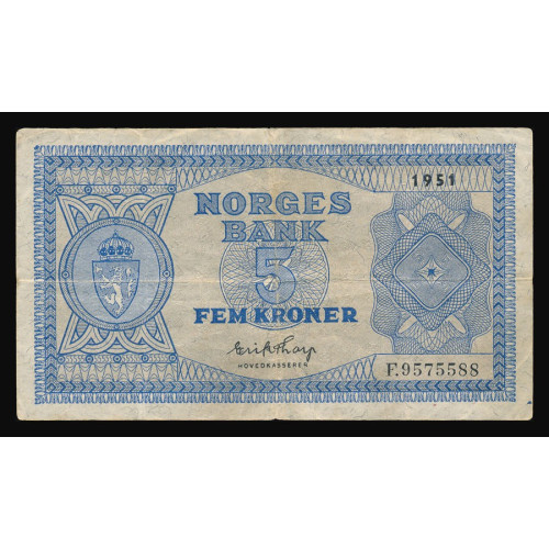 Norway, 5 Kroner 1951, F 9575588