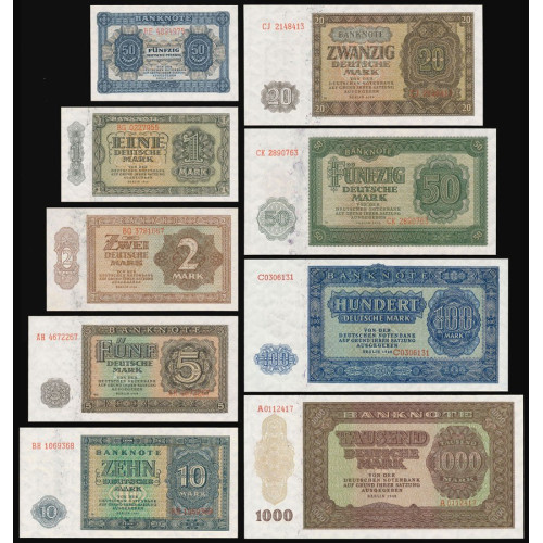 Germany Democratic Republic, 1/2, 1, 2, 5, 10, 20, 50, 100, 1000 Mark 1948 (9 notes)