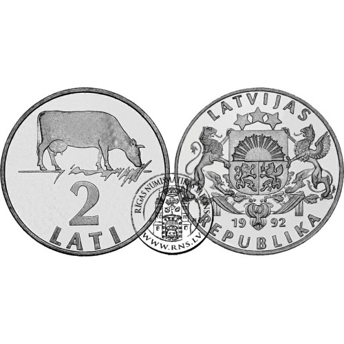 Latvia, 2 Lats 1992, Cow