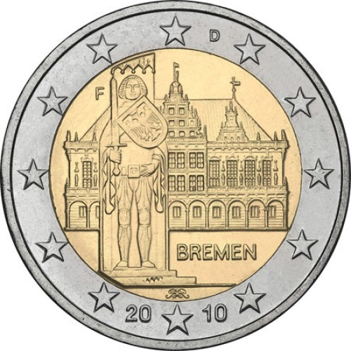 Germany, 2 Euro 2010, Bremen: Town Hall with the Roland statue (D)