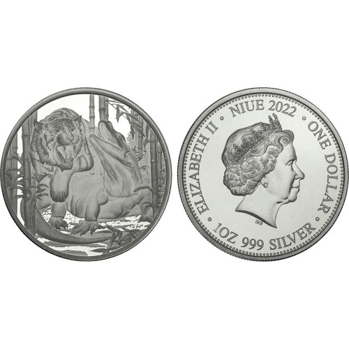 Niue, 1 Dollar 2022, Komodo Dragon vs Tiger (1 Oz)