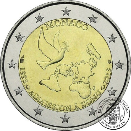 Monaco, 2 Euro 2013, 20th Anniversary of UN Membership (Box + COA)