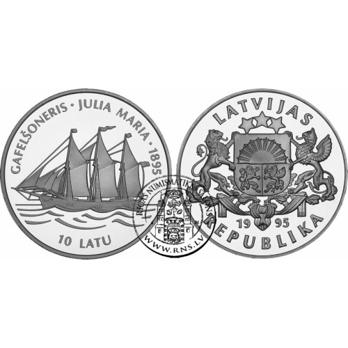 Latvia, 10 Lats 1995, Gaff-sail schooner Julia Maria