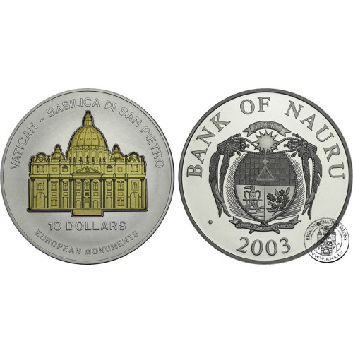 Nauru, 10 Dollars 2003, European monuments - St. Peter's Basilica in Vatican (1 Oz)