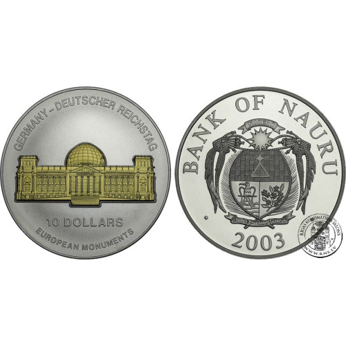 Nauru, 10 Dollars 2003, European monuments - Reichstag (1 Oz)