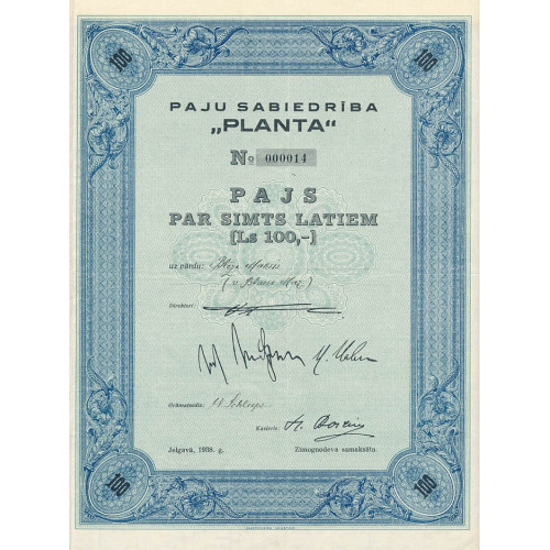 Paju sabiedrība "Planta", 1 pajs, 1938