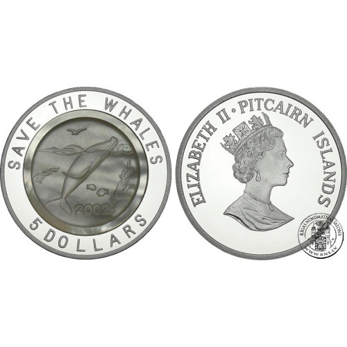 Pitcairn Islands, 5 Dollars 2002, Humpback Whale (pearl insert)