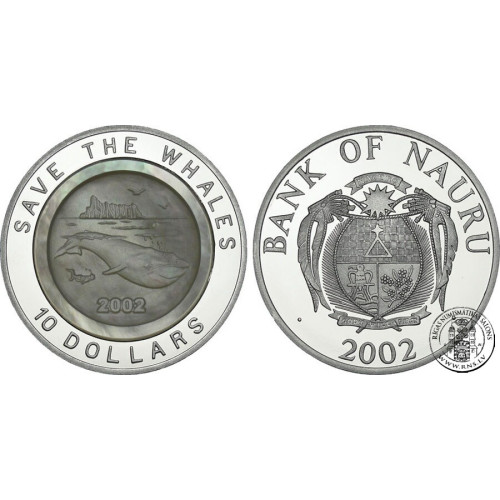 Nauru, 10 Dollars 2002, Blue Whale (pearl insert)