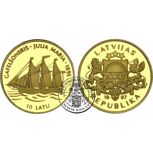 Latvia, 10 Lats 1997, Gaff-sail schooner Julia Maria (1/25 Oz)