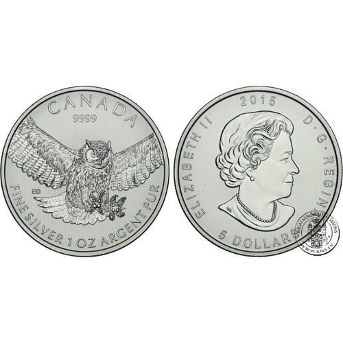 Canada, 5 Dollars 2015, Great Horned Owl (1 Oz)