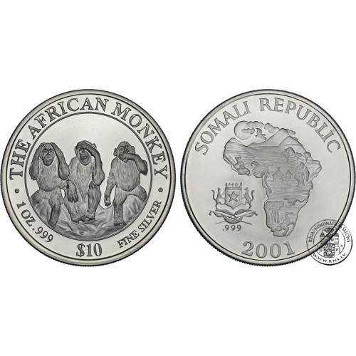 Somalia, 10 Dollars 2001, The African Monkey (1 Oz)