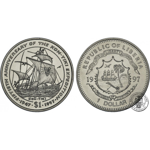 Liberia, 1 Dollar 1997, 50th Anniversary of the Kon-Tiki Expedition