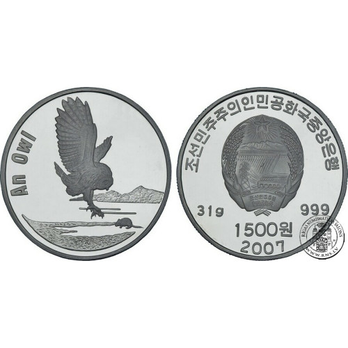 Korea North, 1500 Won 2007, Eagle owl (1 Oz)