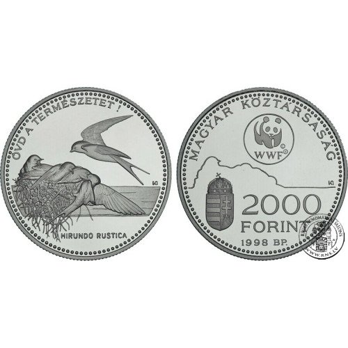 Hungary, 2000 Forint 1998, Fork-tailed barn swallows