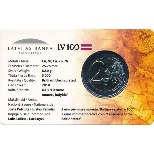 Latvija, 2 Euro 2018, Baltijas valstīm 100 (BU) (coincard)