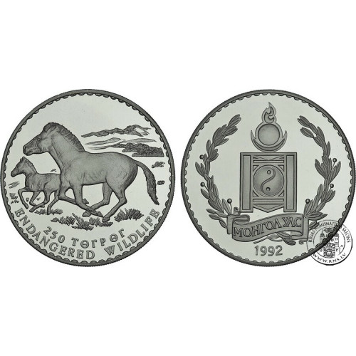 Mongolia, 250 Tugrik 1992, Przewalski's Horses