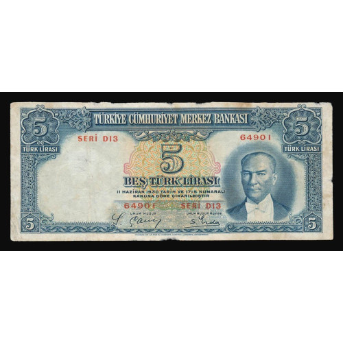 Turkey, 5 Lira 1937, D13 64901