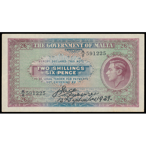 Malta, 2 Shillings 6 Pence 1939, A/2 591225