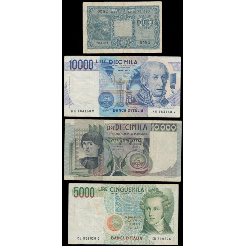 Italy, Lot of 7 notes 1944-1990