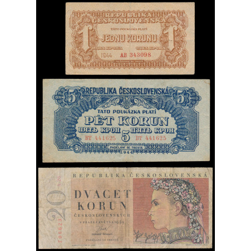 Czechoslovakia, Lot of 5 notes 1944-1949