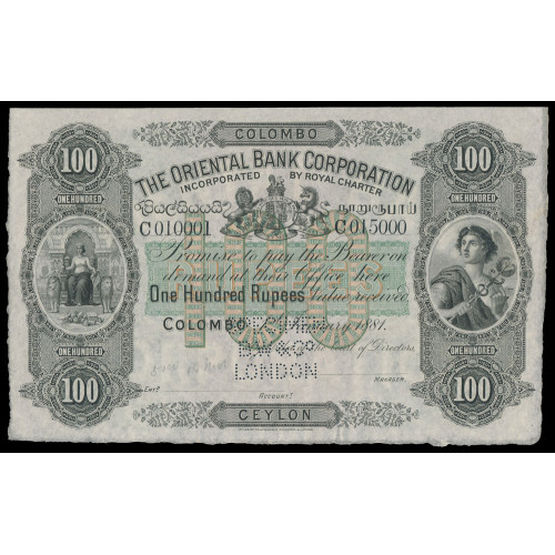 Ceylon - The Oriental Bank Corporation - Colombo, 100 Rupees 1881, Specimen