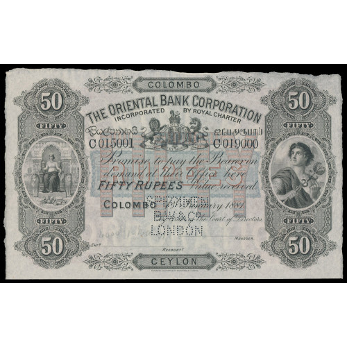 Ceylon - The Oriental Bank Corporation - Colombo, 50 Rupees 1881, Specimen