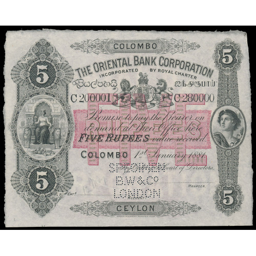 Ceylon - The Oriental Bank Corporation - Colombo, 5 Rupees 1881, Specimen