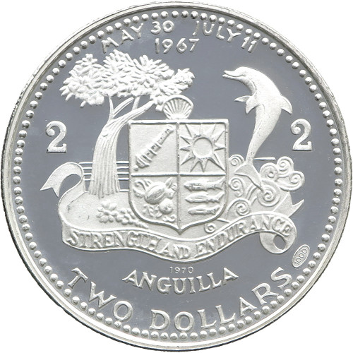 Anguilla, 2 Dollars 1970, National flag and map