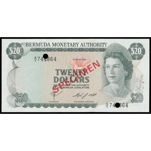 Bermuda, 20 Dollars 1984, A/2 744864, Collectors Specimen