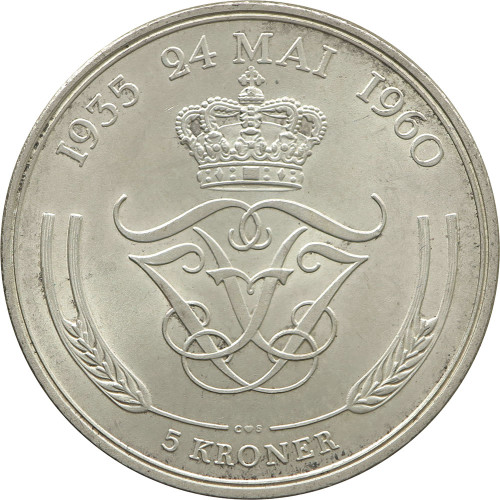 Denmark, 5 Kroner 1960, Silver Wedding Anniversary