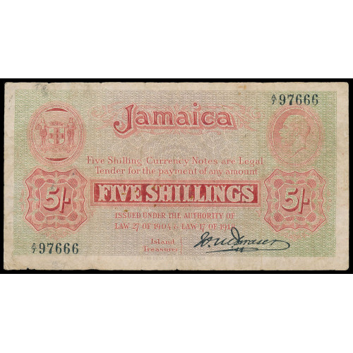 Jamaica, 5 Shillings 1918, A/7 97666