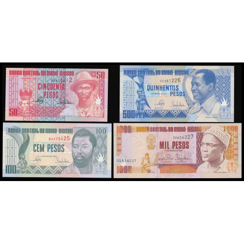 Guinea Bissau, 50-100-500-1000 Pesos 1990-93 (4 notes)