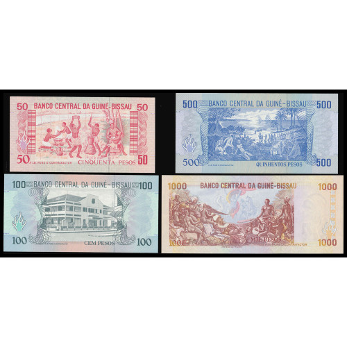 Guinea Bissau, 50-100-500-1000 Pesos 1990-93 (4 notes)