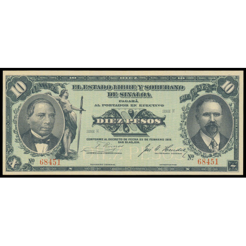 Mexico - El Estado Libre y Soberano de Sinaloa, 10 Pesos 1915, 68451