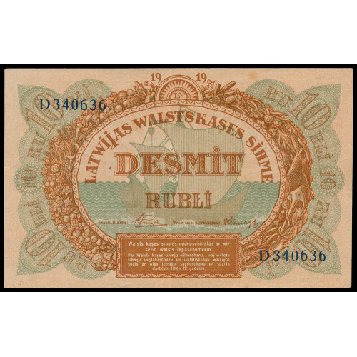 Latvia, 10 Rubli 1919, D 340636