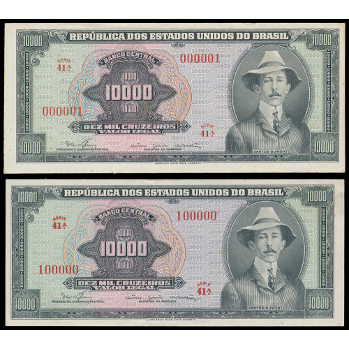 Brazil, 10000 Cruzeiros 1966, 000001 & 100000 (Set of 2 notes)