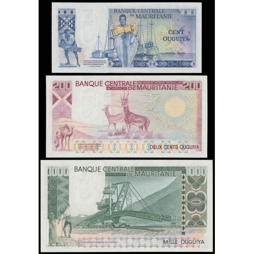 Mauritania, 100-200-1000 Ouguiya 1975-77 (Same number set)