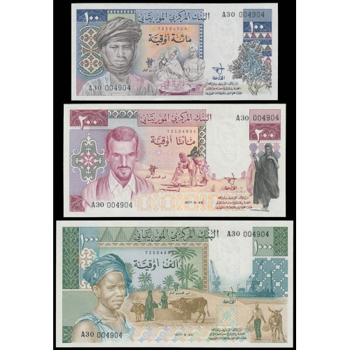 Mauritania, 100-200-1000 Ouguiya 1975-77 (Same number set)