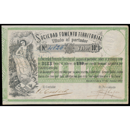 Uruguay - Sociedad Fomento Territorial, 10 Pesos 1868